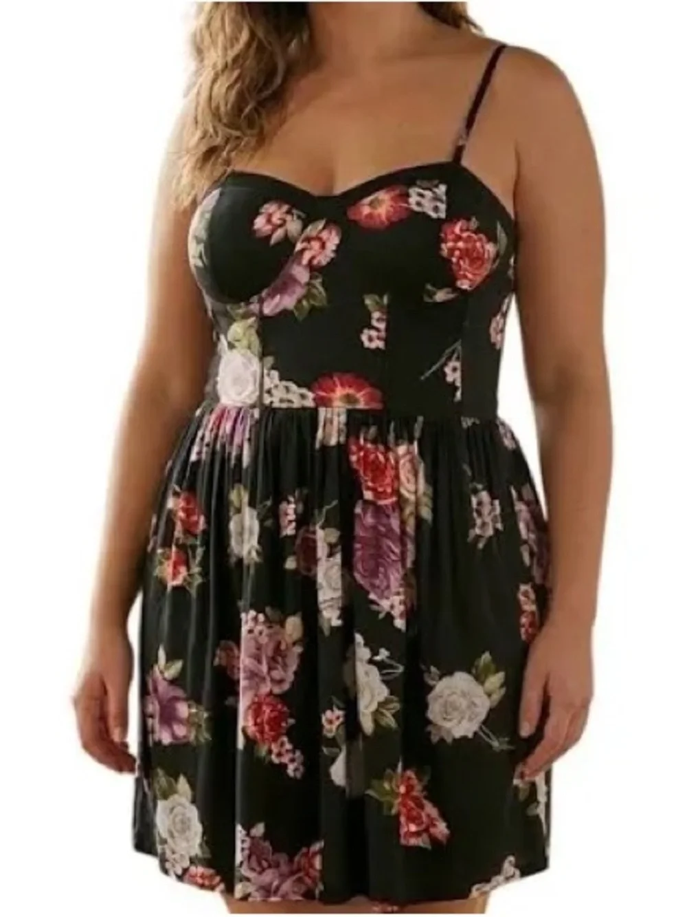 Band of Gypsies Black Mini Dress with Pink Rose Print